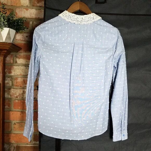 Court & Rowe Blue Swiss Dot Crochet Lace Collar Blouse - Picture 5 of 9